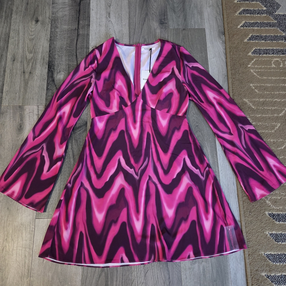 Glamorous Pink Purple Wave Print Mini Dress Y2K Psychedelic V-Neck Long Sleeve - Picture 3 of 8